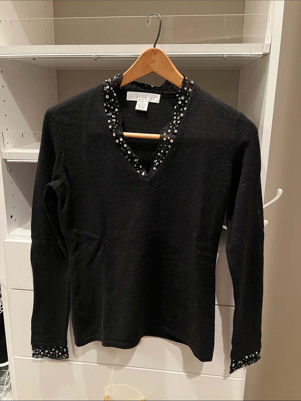 Black V-Neck Sweater with Sequin Trim